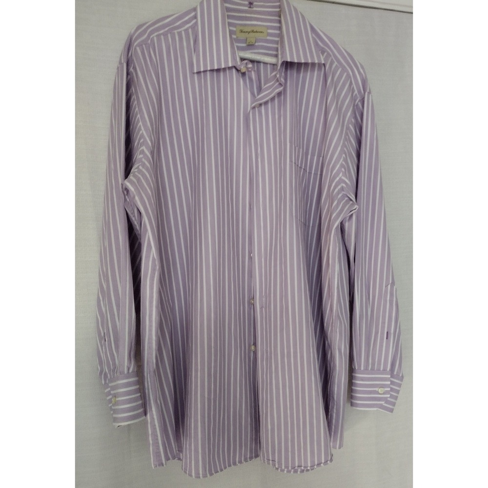 Tommy Bahama Men's XL 17 32/33 Purple White Stripe Cotton Button Down Shirt